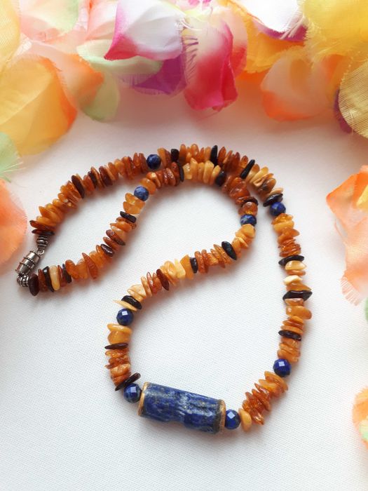 Naszyjnik z bursztynami i lapis lazuli, handmade