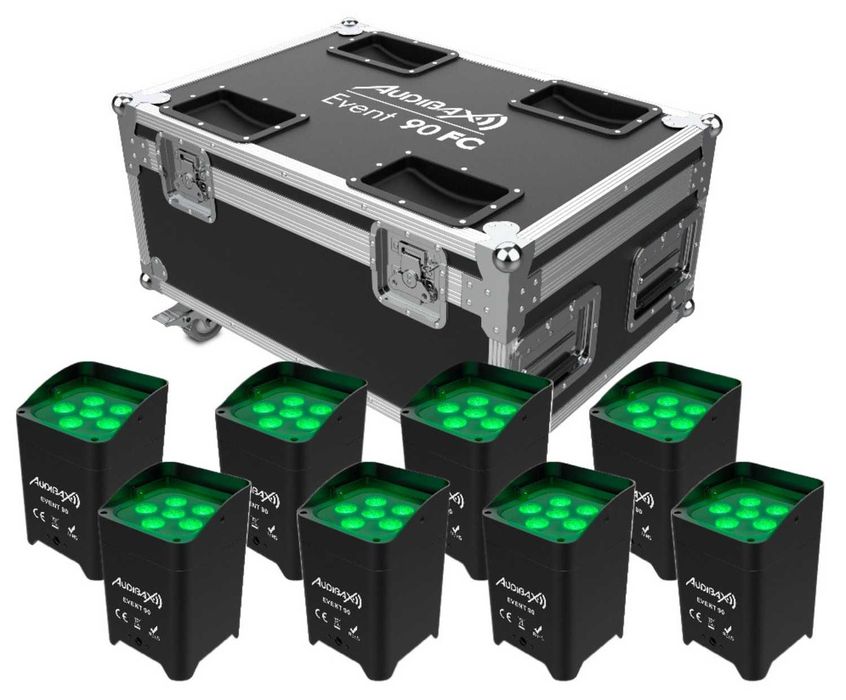 Conjunto de Iluminação Par LED Profissional (8 Projetores com Bateria e Flight Case)
