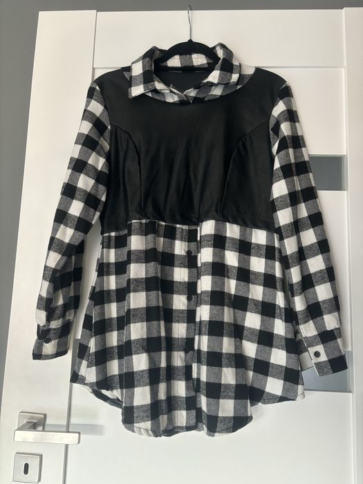 Tunika sukienka kratka krata ekoskóra skóra czarno biała M L Ciążowa