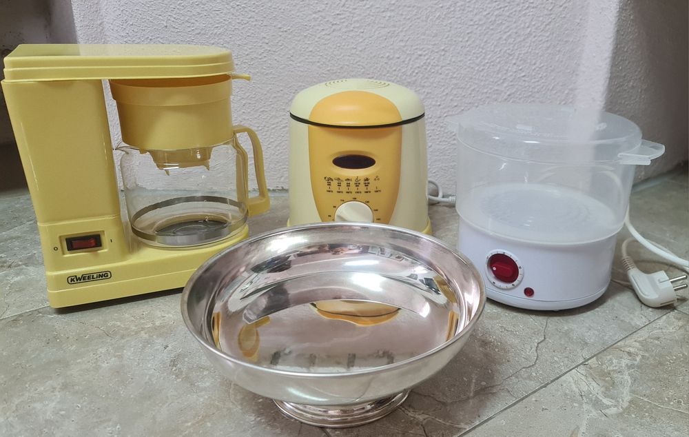 Panela a vapor + fritadeira + máquina café + taça Argenteria Afferri – tudo novo por estrear