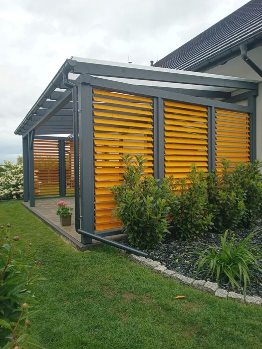 Pergola drewniana • taras • poliwęglan lub gont • pełne deskowanie