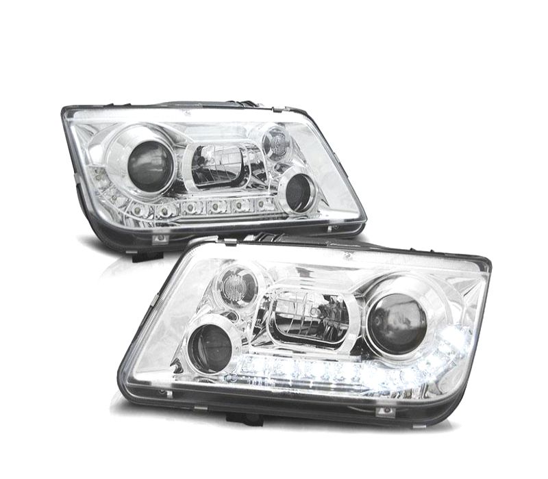 FARÓIS COM LUZ DIURNA LED VOLKSWAGEN VW BORA 98-05 FUNDO CROMADO