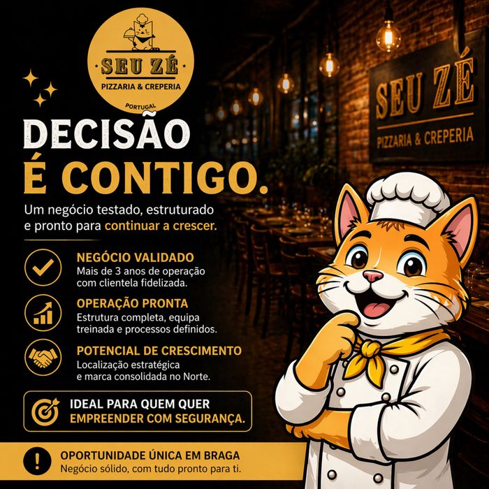 Oportunidade – Pizzaria Equipada e em Funcionamento – Braga