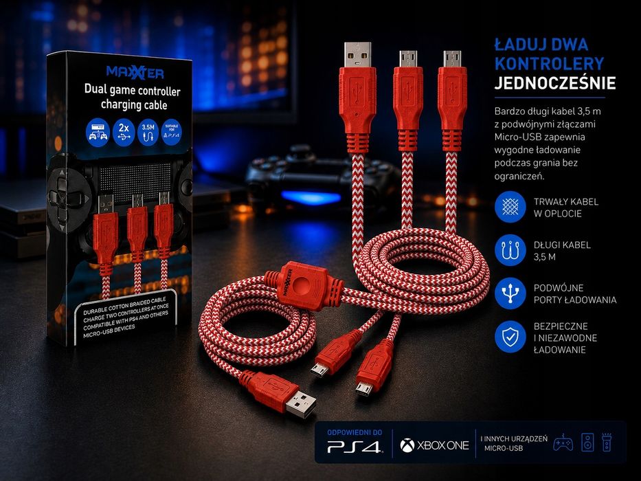 Kabel do ładowania 2 padów PS4 Xbox One 3,5 m 2x Micro USB Oplot Dual