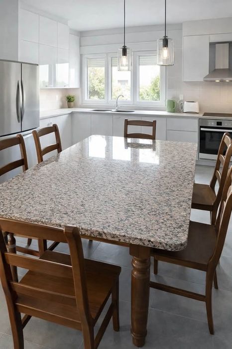 Mesa com tampo em granito + 6 cadeiras — Bom estado