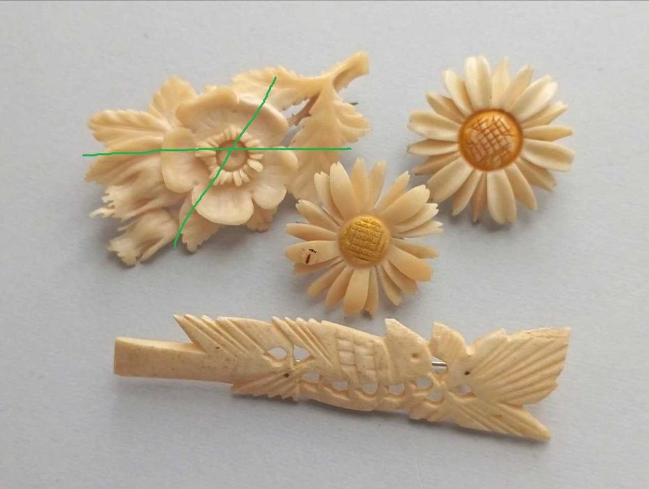 Резная кость браслет, серьги, клипсы, брошь, винтаж.