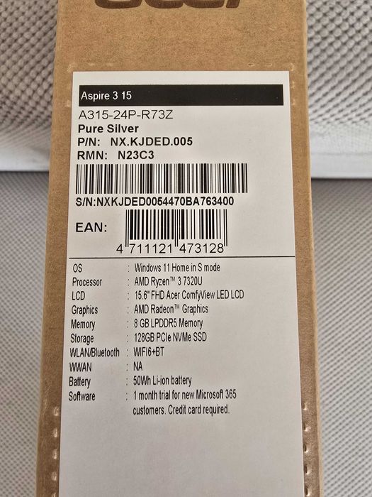 Acer Aspire 3 15 A315-24P-R73Z, 15,6", 8/128 Gb, Win 11, gwarancja!