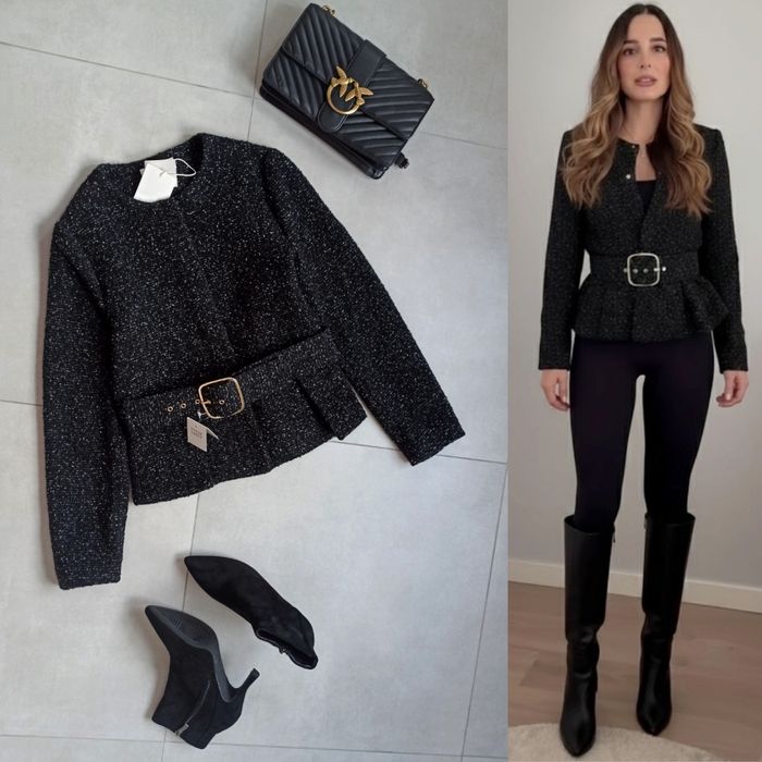 Zara marynarka tweedowa L 40 czarna pasek