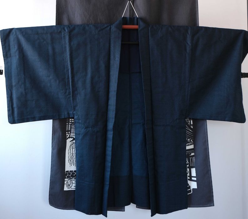 Granatowe japońskie haori męskie narzutka na kimono z podszewką