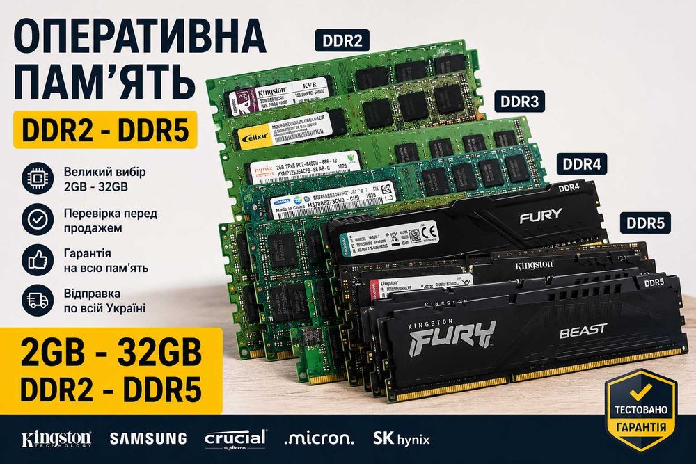 Оперативна пам'ять DDR2 DDR3 DDR3L DDR4 DDR5 для ПК та ноутбуків
