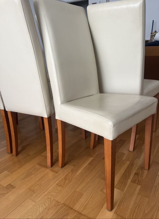 6 Cadeiras de Mesa de Jantar em Carvalho e Pele Bege