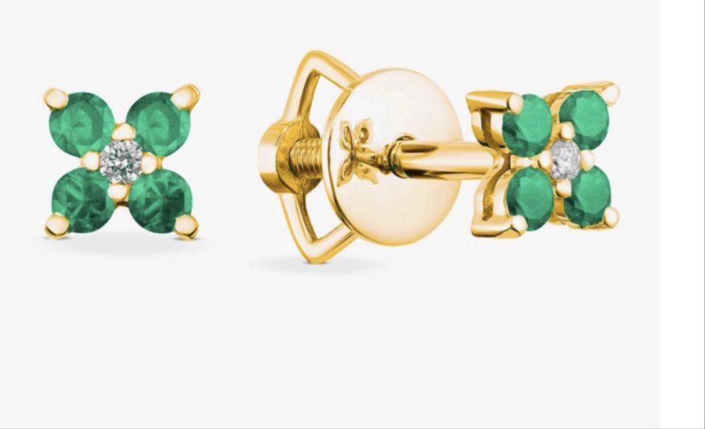 Золоті пусети, смарагд і діамант