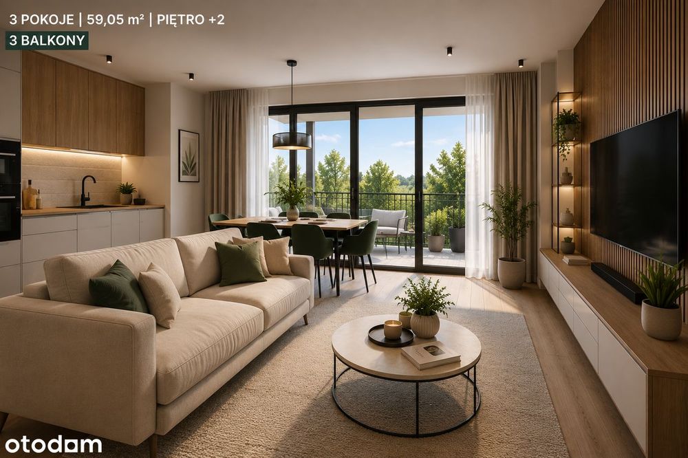 Mieszkanie 3-pokojowe z dwoma balkonami | 59,05 m² | Pruszków