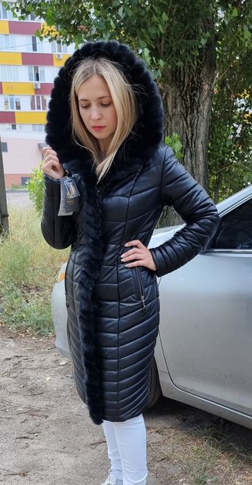 Зимовій пуховик эко кожа с натуральним хутром , пальто зимове