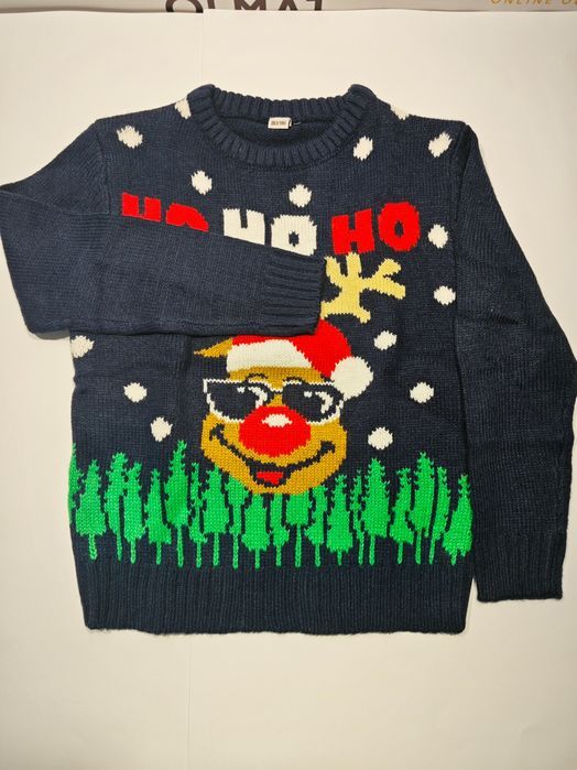 Świąteczny Sweter Dziecięcy Granatowy Rudolf Czerwononosy 134/140