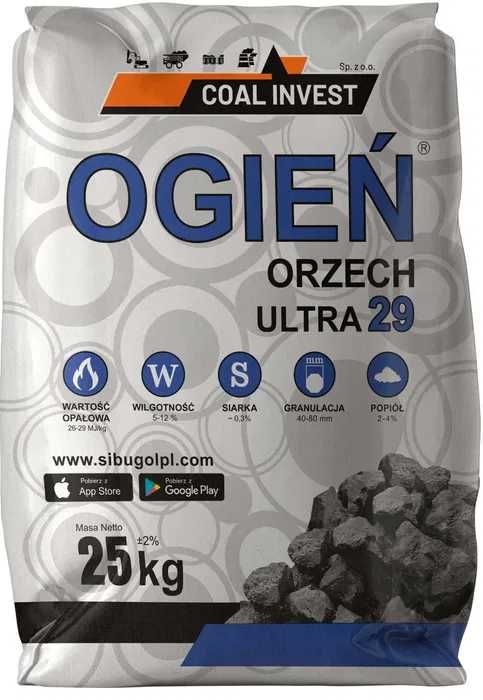 węgiel ORZECH ULTRA w workach 25kg firmy OGIEŃ wysoko kaloryczny