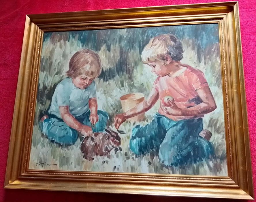 Stary obraz na płótnie sygnowany dzieci  .