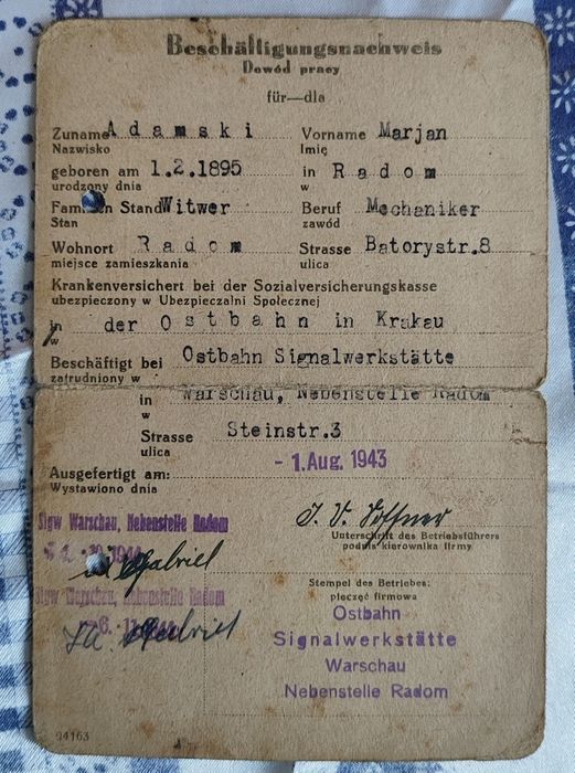 Stary dowód pracy kolej Radom 1943 rok okupacja PKP