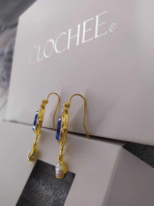 Kolczyki vintage retro postarzane wiszące kolor niebieski złoty