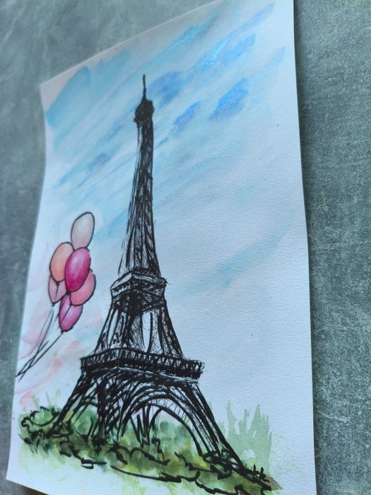 Paryż Francja wieża Eifela miasta akwarela obraz pejzaż miejski 21x30