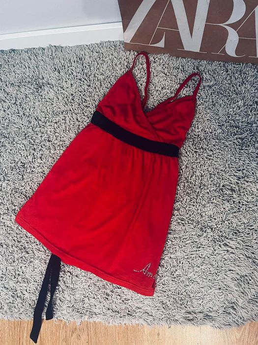 M/L piękna czerwona tunika top letni na ramiączkach