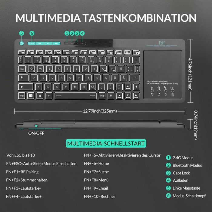 Klawiatura Bluetooth z touchpadem (Bluetooth 5.0 + 2.4G Wireless)
