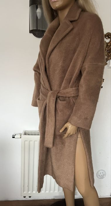 Zara płaszcz karmelowy brązowy długi S capucino oversize wiązany