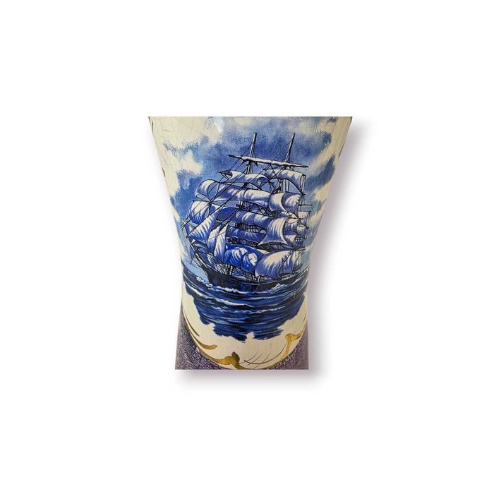 Vaso Náutico com Navio à Vela– 27cm |Cerâmica Texturada Tons Roxo/Azul