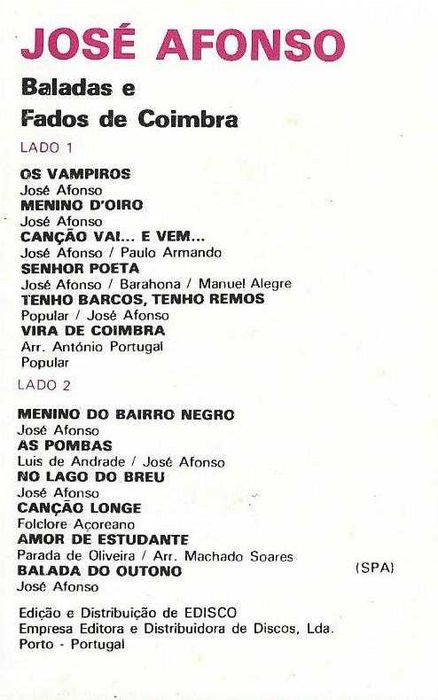 José Afonso	- - - - -		Baladas e Fados de Coimbra	- - - - -	K7