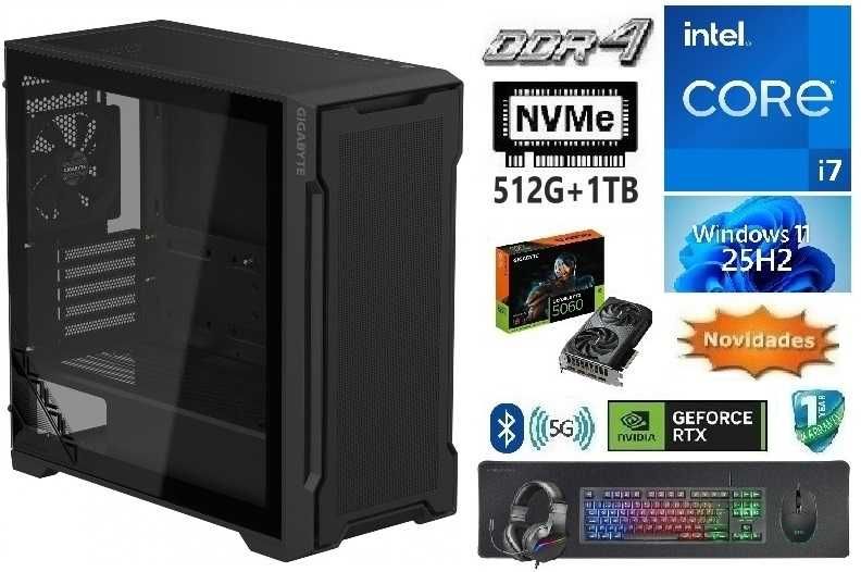Torre Gaming 14ªG| i7-14700K | 16G/32G DDR4 | NVMe512 + SDD1TB | RTX5060-8G | KIT | WiFi | W11