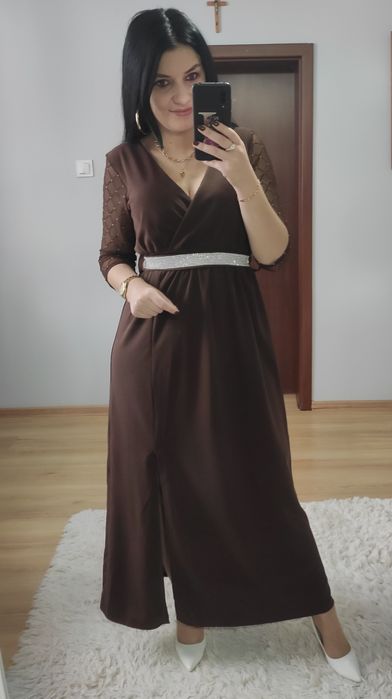 Sukienka długa maxi czekoladowa z paskiem wesele impreza