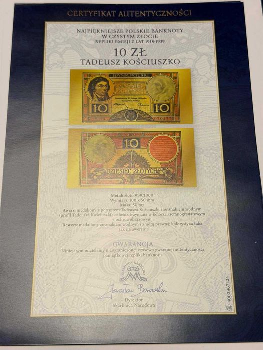 Najpiękniejsze Polskie Banknoty w Czystym Złocie 10zł Tadeusz ...