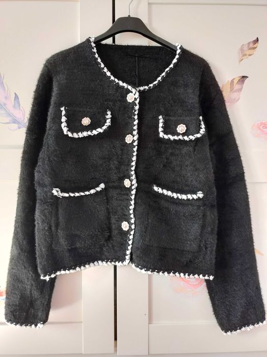 Elegancki sweter kardigan marynraka sweterkowa fluffy wiskoza S M L
