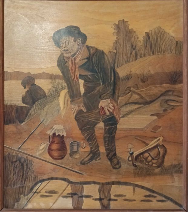Картина-маркетри  «Рыболов» Перова В. , 1970-80гг