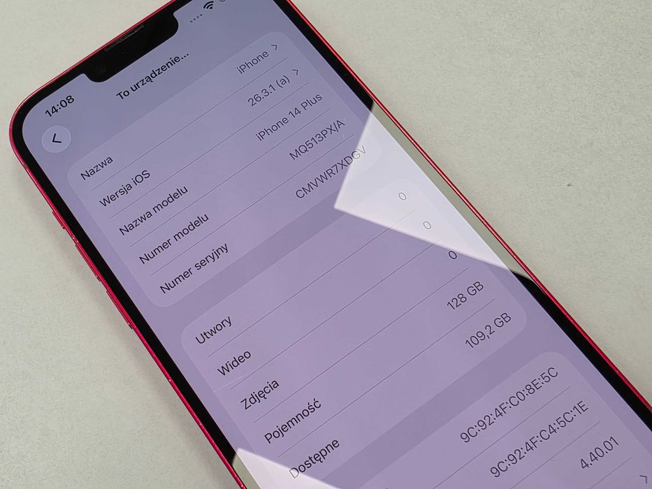 iPhone 14+ Plus 128GB/ Red/ Czerwony/ BAT 81%/ Grade B do C/ + ładowarka/ technicznie OK