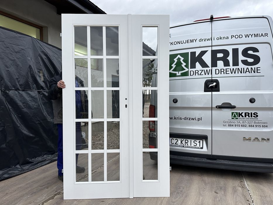 Drzwi wewnętrzne lite drewniane OD RĘKI białe dwuskrzydłowe Francuskie