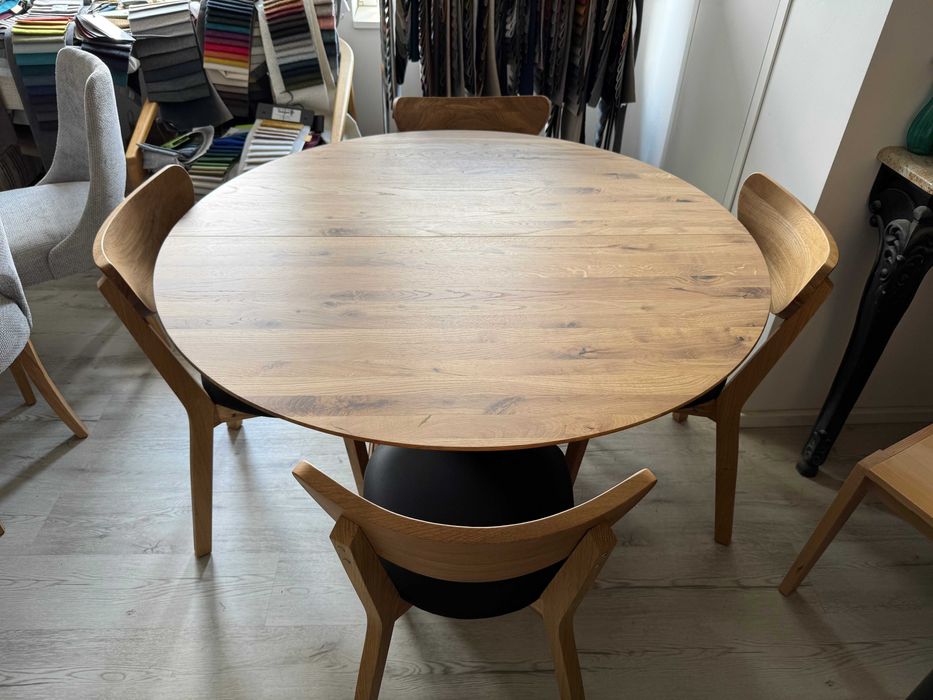 Stół drewniany Fi 120+50 plus 4 krzesła,lamele,dąb naturalny