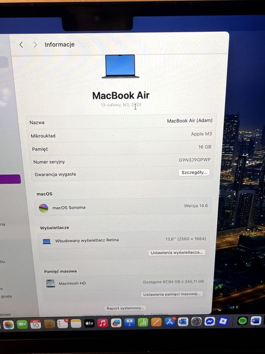 MacBook Air M3 16Gb 13,6''/ Stan Idealny