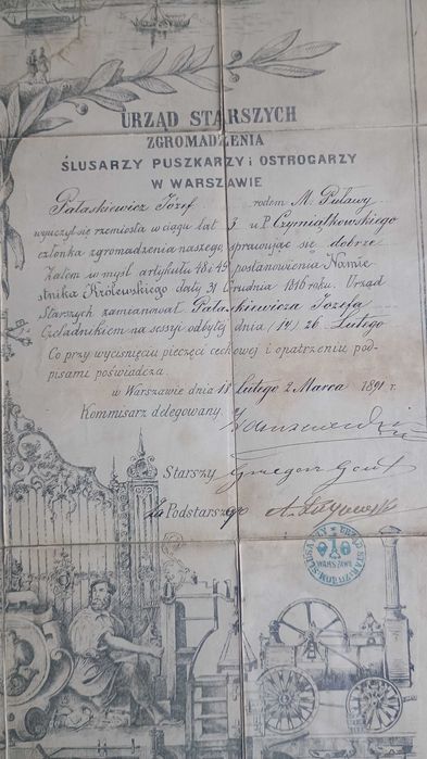 Dyplom Czeladnika Warszawa 1889rok