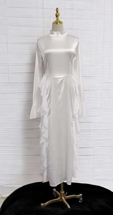 Biała Długa Sukienka Stójka Falbanki Rękawy Dzwonki Ślub Wesele Boho