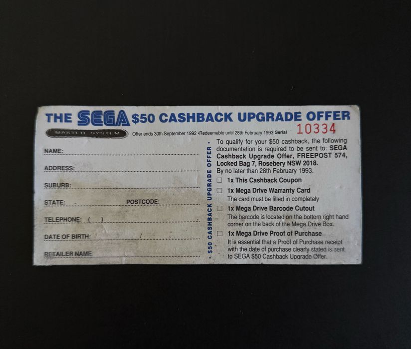 Voucher / vale Sega Master System - Mega Drive - anos 90