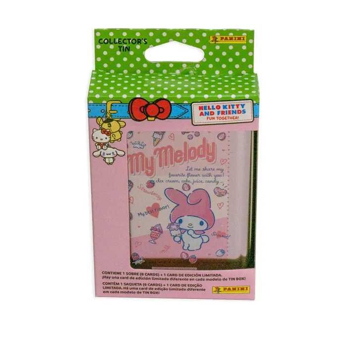 Latas da coleção Hello Kitty and Friends. Com 1 saqueta oficial da coleção com 6 cards + 1 card exclusiva de Edição Limitada.