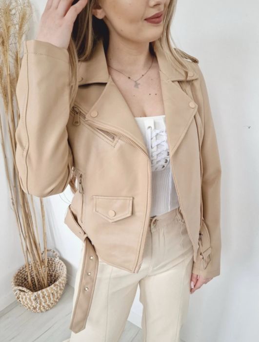 Kurtka damska ramoneska z paskiem bezowa S M L XL