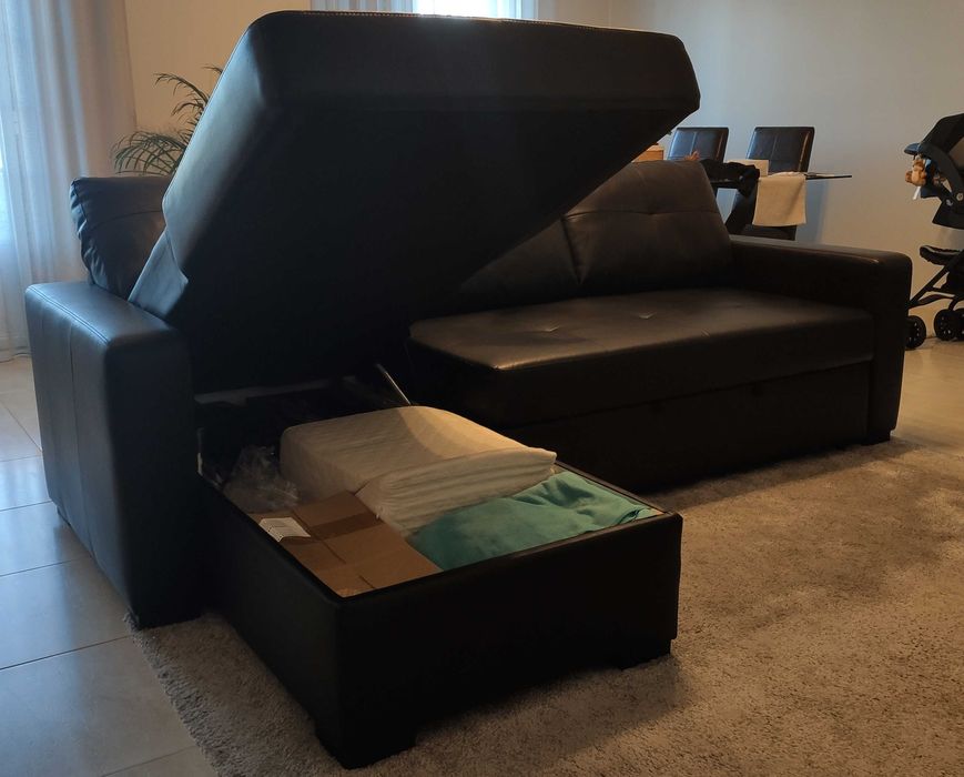 Sofá-Cama Chaise long reversível (direito/esquerdo) c/ arrumação Preto