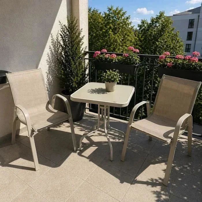 NOWY Zestaw Balkonowy Beżowy Meble Balkonowe Tarasowe Ogrodowe Stolik Szklany i Krzesła Na Balkon Taras Do Ogrodu Komplet Mebli Metalowe 2+1 OKAZJA!