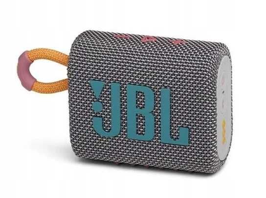 Nowy głośnik Bluetooth JBL GO 3 w kolorze szaro-różowym.