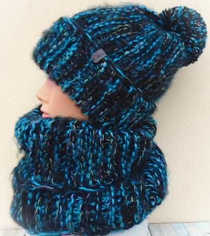 cieplutki komplet czapka i komin tuba  czarny z turkusowym i wkręcenia