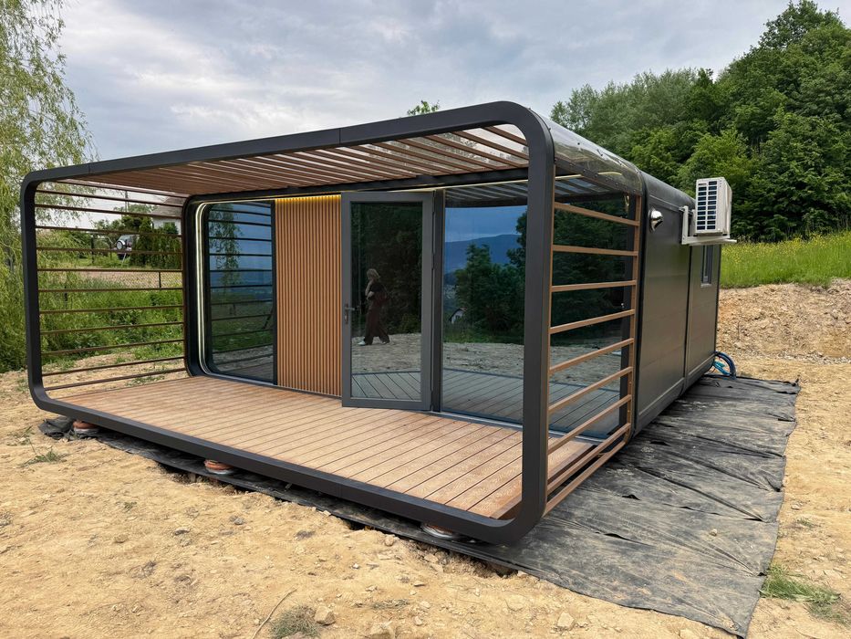 Nowoczesny domek modułowy 26 m2 z pergolą - pod klucz