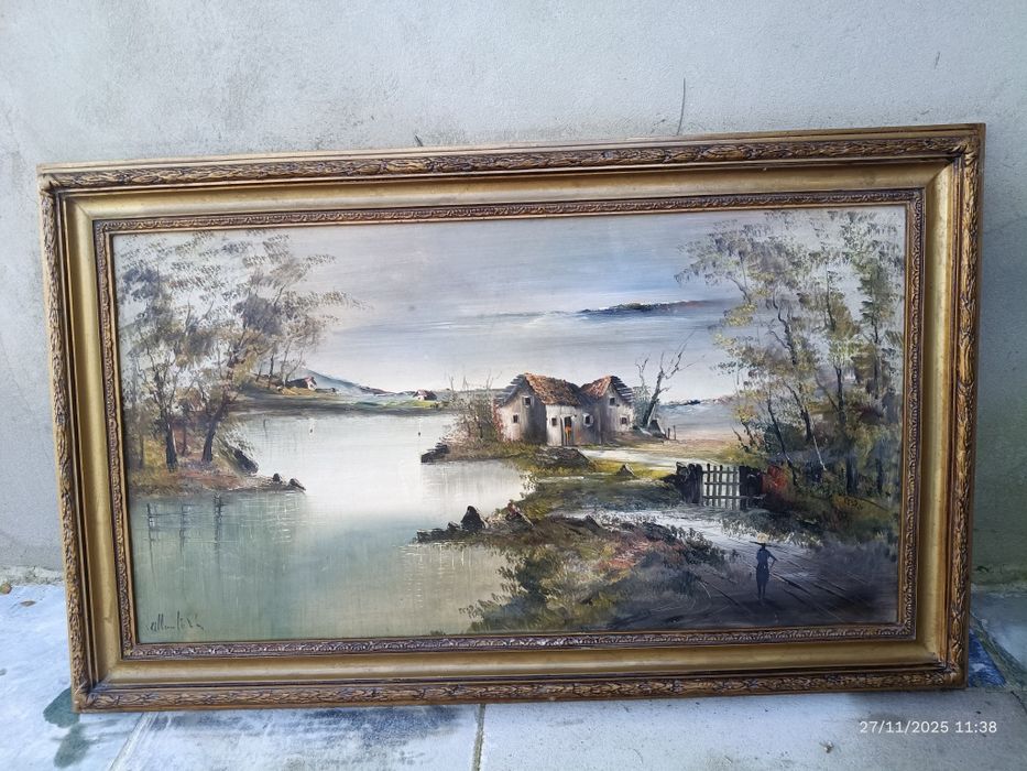 Quadro a Óleo Grande (Anos 80) – Paisagem Rústica Clássica com Moldura