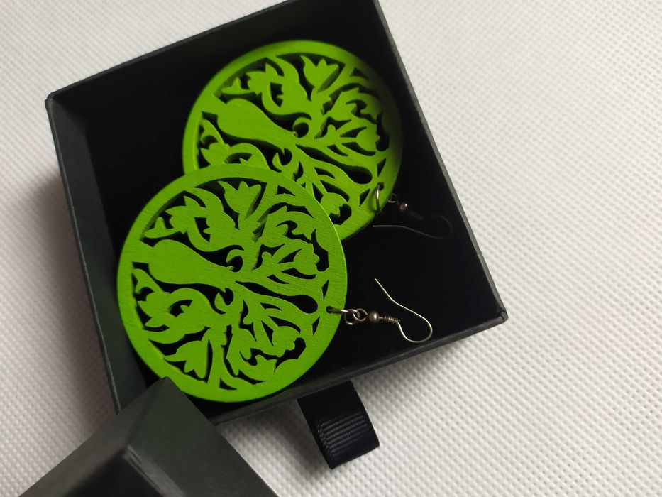 Zielone kolczyki koła Ażurowe Drewniane Boho Drzewo Drewno Rasta